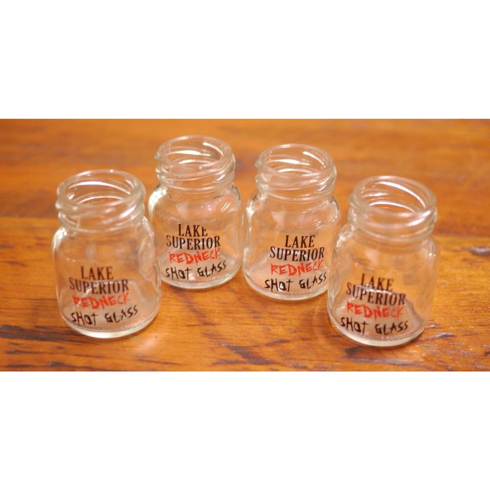 Lot of 4 LAKE SUPERIOR REDNECK Mini Mason Style Small Glass Shot Glasses